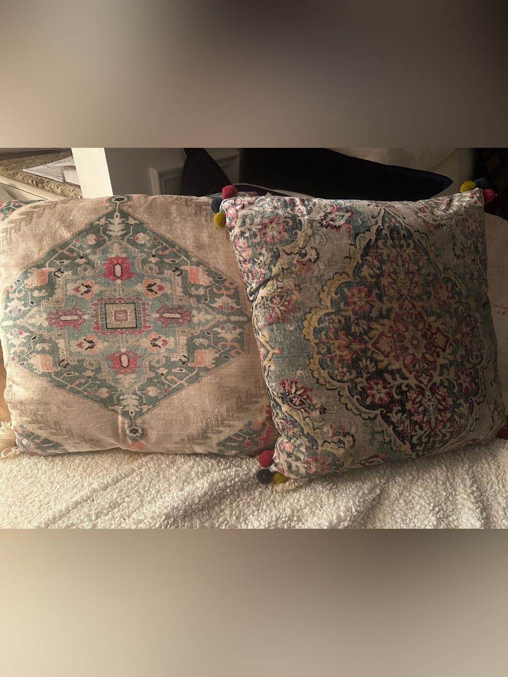 Set of 2 Vintage Boho Tapestry Velvet Throw Pillows - Medallion Tassels Pom Poms - Picture 2 of 4